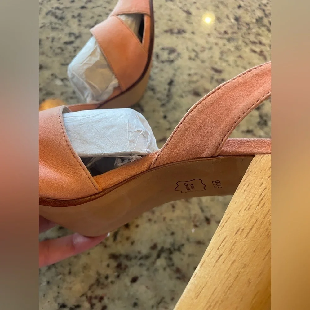 Talbots peach suede wooden black heel sling back sandals size 8.5